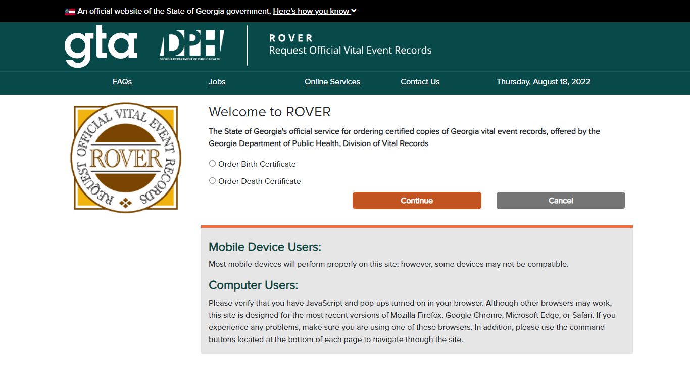 ROVER - Order Birth or Death Certificates - Georgia